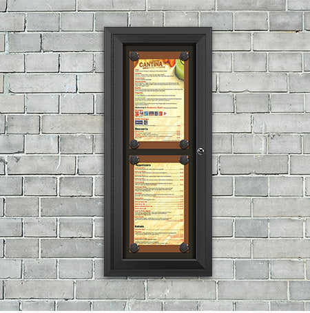 Outdoor Enclosed Magnetic Restaurant Menu Display Case | Tall, Wall Mount Metal Cabinet Holds Two 8.5" x 14" Portrait Menus STACKED