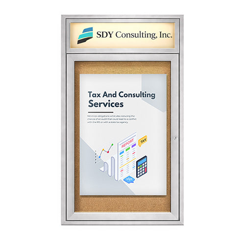 Outdoor Enclosed LED Lighted Poster Display Cases + Personalized Header | SwingCase Single Locking Door Metal Cabinets in 10 Sizes