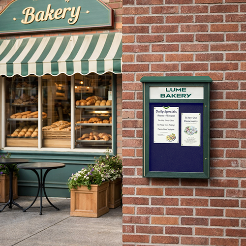 18" x 24" Eco-Friendly Outdoor Message Center Cork Board with Header | Wall Mount, Single Door Faux Wood Cabinet