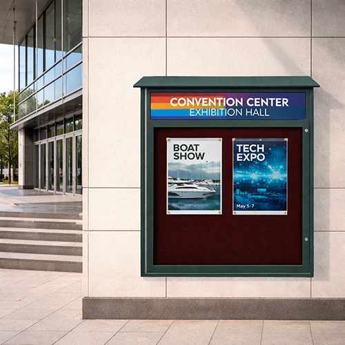 Eco-Design 48 x 48 Outdoor Message Center with Bulletin Board + Header | Left Hinged Single Door | Faux Wood Finishes