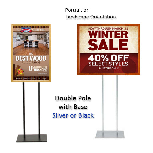 Double Pole Floor Stand 8 x 10 Sign Holder | Faux Wood Snap Frame with 1 1/4" Wide Frame Profile | 3 Finishes