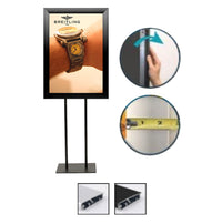 Double-Pole Floor Stand 27x40 Sign Holder with Bold Snap Frame 2 1/2" Wide Profile, Black + Silver Finishes