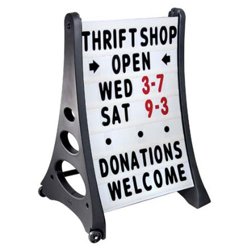 All-Weather, Rolling Outdoor Changeable Message Board with Two Curved White Face Panels 24x36 + Letter Tracks | Hard Formed Plastic Stands Up to 30 MPH Winds