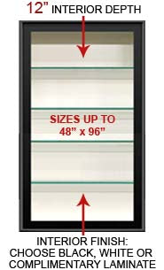 SwingFrame Designer Metal Framed Wall Display Case + Glass Shelves with a 12-inch Deep Cabinet Interior 25+ Sizes