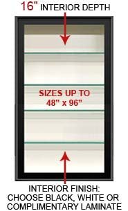 SwingFrame Designer Metal Framed Wall Display Case + Glass Shelves with a 16-inch Deep Cabinet Interior 25+ Sizes