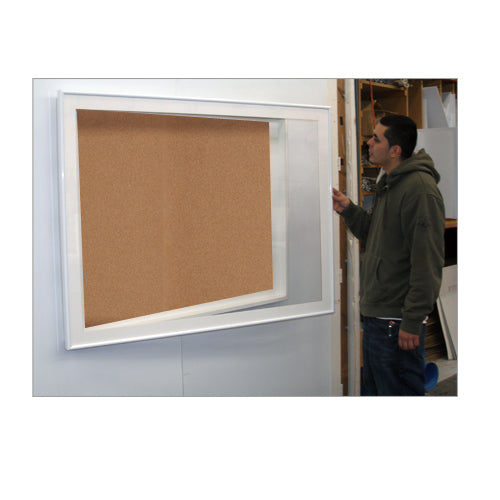 SwingFrame Designer Wall Mounted Metal Framed 24x96 Large Cork Board Display Case 2 Inch Deep