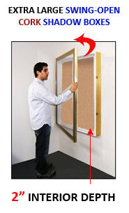 SwingFrame Designer Large Wall Display Cases 2-Inch Deep with Cork Board 25+ Sizes - Swing Open Metal Framed Cabinet