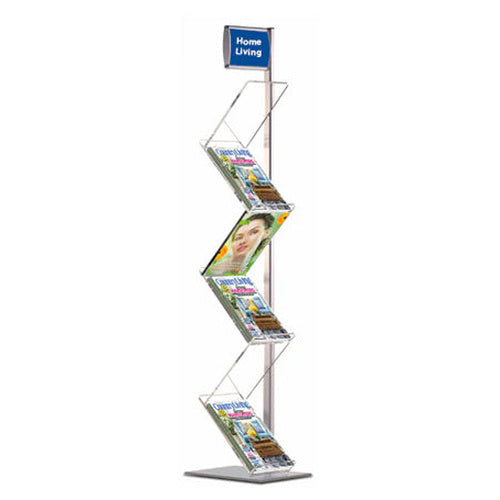 Magazine Brochure Stand with Angled Acrylic Shelves and Header Panel (for 85x11 Brochures, Flyers, Advertisements)