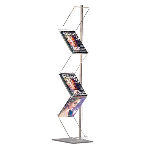 Magazine Brochure Stand Designed with Angled Acrylic Shelves for Displaying 8 1/2" x 11" Brochures, Flyers, Catalogs + Other Literature