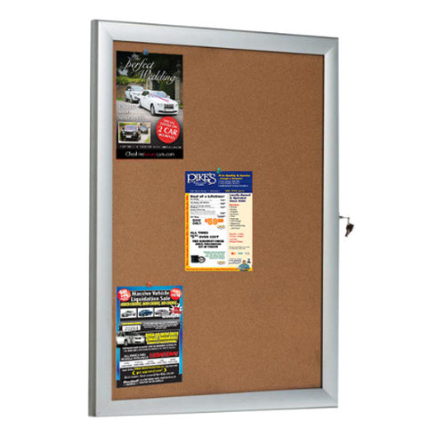 30 x 40 Enclosed Cork Board, Side Locking with Key | Notice Board Holds Up to Nine 8.5x11 Postings | Slim 1" Deep Cabinet, Satin Silver
