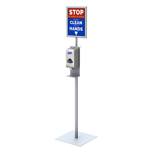 8.5x11 Pedestal Sign Holder with Hand Sanitizer Rack | Fast Changing Slide-In Frame Design