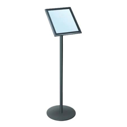 8.5x11 Angled Sign Frame on Pedestal Stand with Quick Change, Snap Frame | Round Steel Base