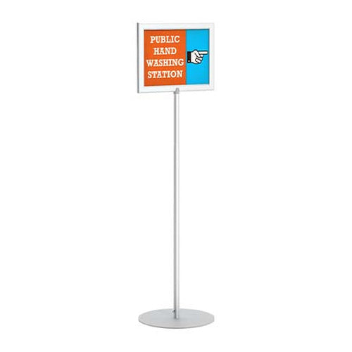 8.5x11 Pedestal Sign Holder with Round Steel Base | Quick Change Slide-In Frame Design