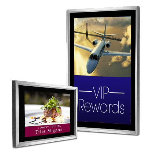 Elegant Silver Poster Frames with Black Velour Sign Panel 14x22 Portrait and Landscape Sizes + 3 Finishes