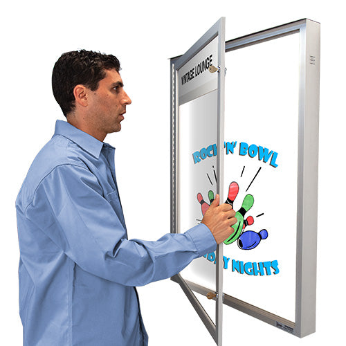 Extreme WeatherPlus Enclosed Outdoor White Dry Erase Marker Board with Header and LED Lights | Shown in Satin Silver finish