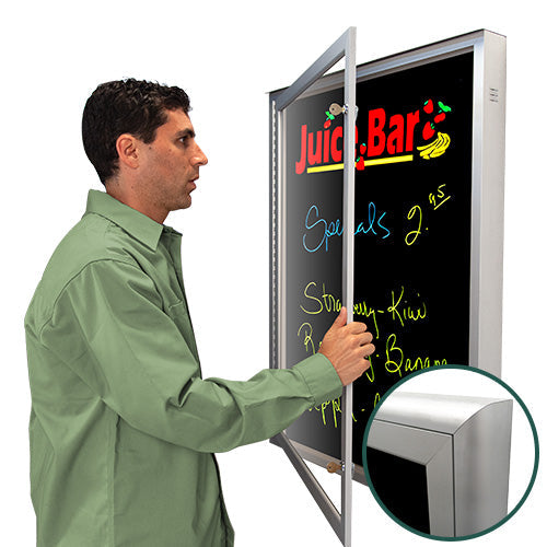 Extreme WeatherPlus Enclosed Radius Edge Outdoor Black Dry Erase Marker Board | Shown in Satin Silver finish