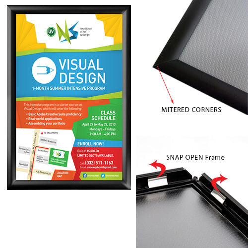 2-Sided Window Mount, Fast Change 11x17 Snap Frame 1" Wide in a Black Finish