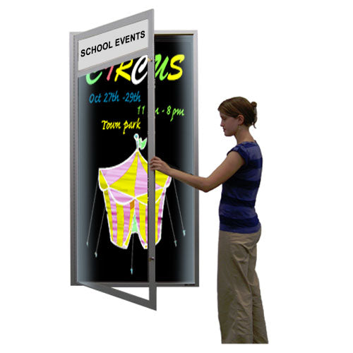 XL Outdoor Dry Erase Marker Board SwingCases with Header & LED Light (Magnetic Porcelain Steel Gloss Black Board )