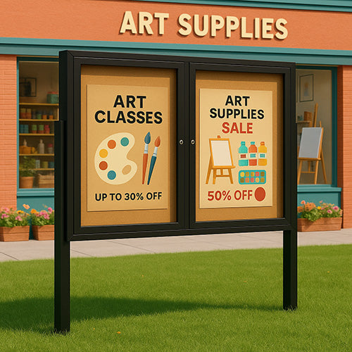 Freestanding 2 Door Enclosed Outdoor Bulletin Boards 40" x 50" with Lights + Posts