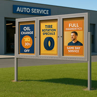 Freestanding 3 Door Enclosed Outdoor Bulletin Boards 96" x 30" with Lights + Posts