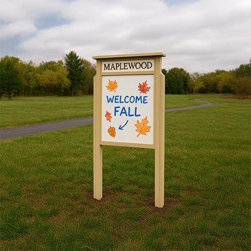 48" x 48" Standing Outdoor Message Center Magnetic White Dry Erase Board with Header (Single Door)