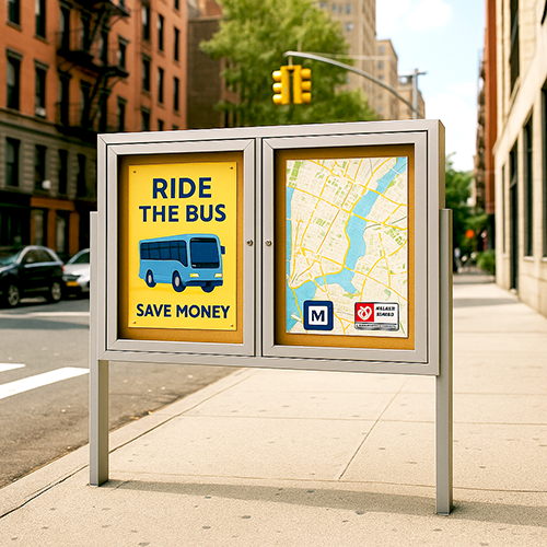 Freestanding 2 Door Enclosed Outdoor Bulletin Boards 96" x 48" with Lights + Posts