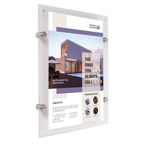 Clear Acrylic Sign Holder for Wall Mount with Standoff Hardware and Magnets