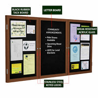 Eco-Friendly 72x36 Outdoor Wall Mount Enclosed Black Tackboard & Letterboard Display with 3 Doors