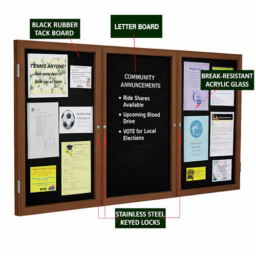 Eco-Friendly 72x36 Outdoor Wall Mount Enclosed Black Tackboard & Letterboard Display with 3 Doors