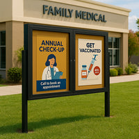 Freestanding 2 Door Enclosed Outdoor Bulletin Boards 50" x 40" with Lights + Posts