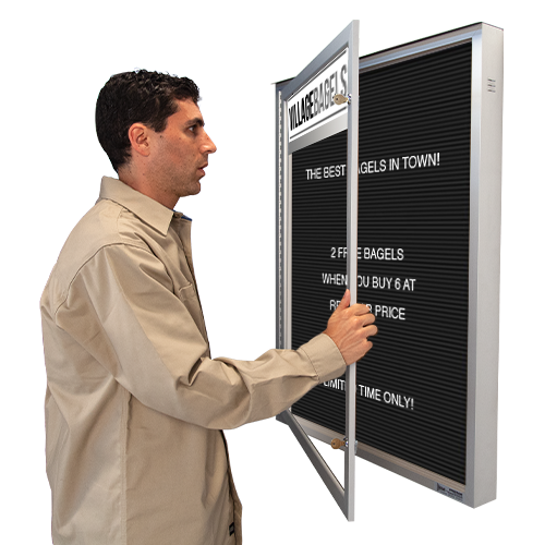 EXTREME WeatherPLUS Outdoor Enclosed Letter Boards with Header | Single Locking Door SwingCase | Shown in Satin Silver Finish