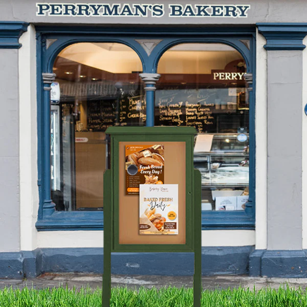 22" x 28" Outdoor Message Center Cork Board with Posts | Eco-Friendly, LEFT-Hinged Single Door, Faux Wood Information Board