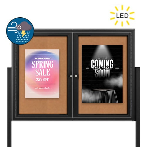 Freestanding 2 Door Enclosed Outdoor Bulletin Boards 50" x 40" with Lights + Posts