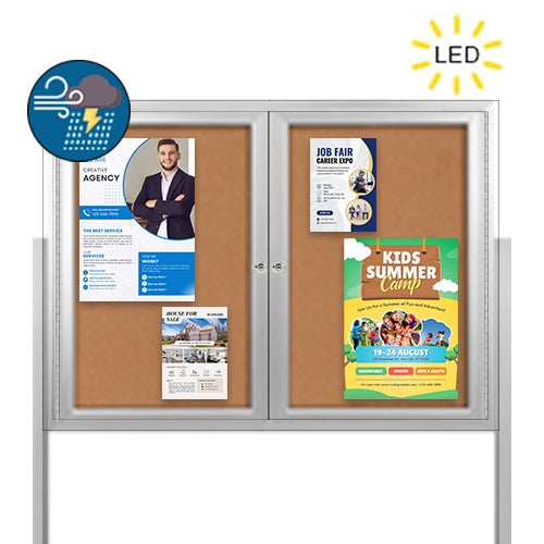 Freestanding 2 Door Enclosed Outdoor Bulletin Boards 60" x 40" with Lights + Posts