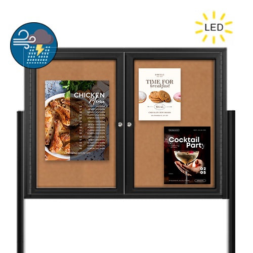 Freestanding 2 Door Enclosed Outdoor Bulletin Boards 72" x 36" with Lights + Posts