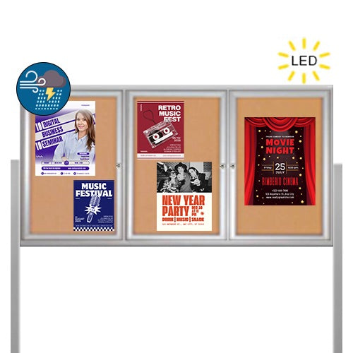 Freestanding 3 Door Enclosed Outdoor Bulletin Boards 72" x 36" with Lights + Posts