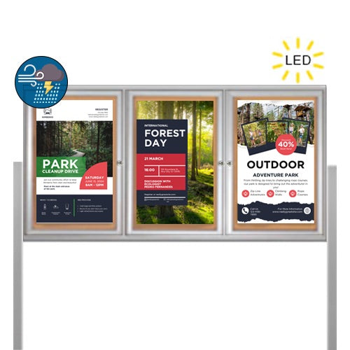 Free-Standing 3-Door Outdoor Bulletin Board 72x48 on Posts with LED Lighting + Metal Display Case