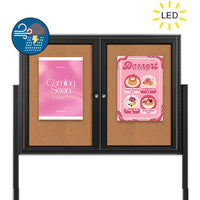 Freestanding 2 Door Enclosed Outdoor Bulletin Boards 84" x 36" with Lights + Posts