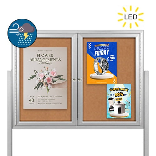 Freestanding 2 Door Enclosed Outdoor Bulletin Boards 84" x 48" with Lights + Posts