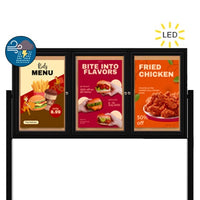 Free-Standing 3-Door Enclosed Outdoor Bulletin Board 84" x 48" with + Posts and LED Lighting