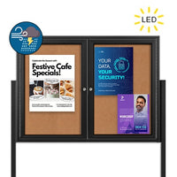 Freestanding 2 Door Enclosed Outdoor Bulletin Boards 96" x 24" with Lights + Posts
