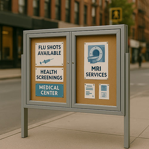 Freestanding 2 Door Enclosed Outdoor Bulletin Boards 72" x 24" with Lights + Posts