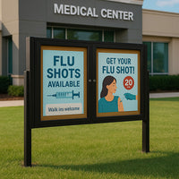 Freestanding 2 Door Enclosed Outdoor Bulletin Boards 72" x 36" with Lights + Posts