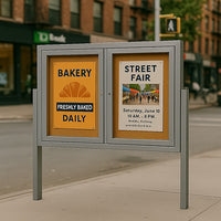 Freestanding 2 Door Enclosed Outdoor Bulletin Boards 96" x 36" with Lights + Posts