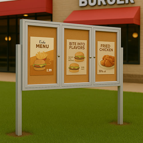 Free Standing 3 Door Enclosed Outdoor Bulletin Boards 96" x 48" Metal Cabinet with LED Lighting + Two Posts