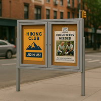 Freestanding 2 Door Enclosed Outdoor Bulletin Boards 96" x 24" with Lights + Posts
