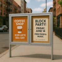 Freestanding 2 Door Enclosed Outdoor Bulletin Boards 84" x 48" with Lights + Posts
