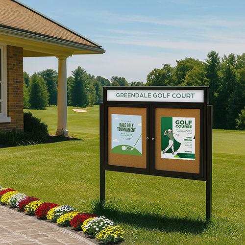 Free-Standing, Two Door 48x48 Outdoor Cork Bulletin Board with Personalized Message Header and Smooth Radius Edge Metal Cabinet