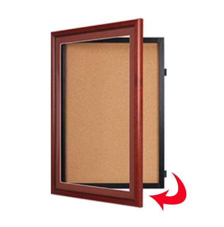 Designer Wood 11" x 17" Enclosed Cork Bulletin Board SwingFrame, Swing Open, Quick Change