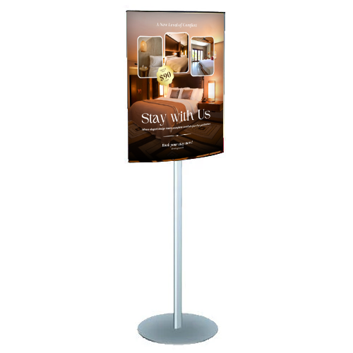 Stylish, Two-Sided Convex Sign Holder Poster Stand with Single Post | Display 22x28 Graphics | Height 66"